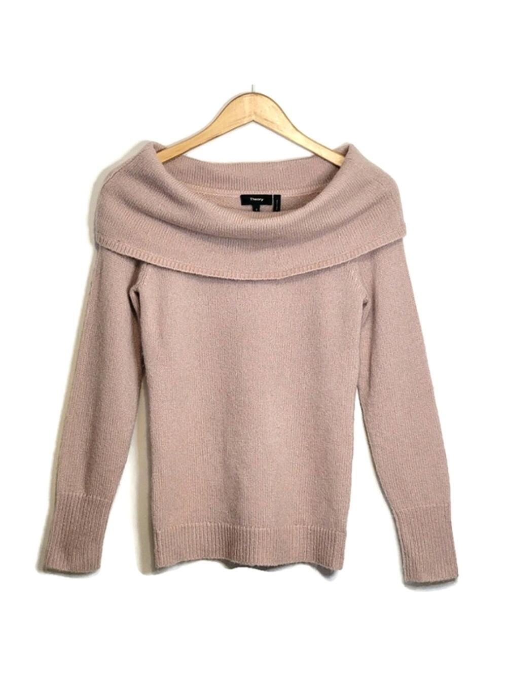 Theory Off The Shoulder Long Sleeve Light Pink Wool Blend Pullover Sweater Small
